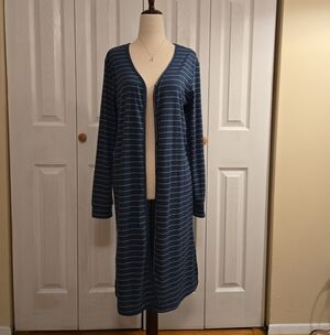 Navy Striped Open-Front Longline Cardigan